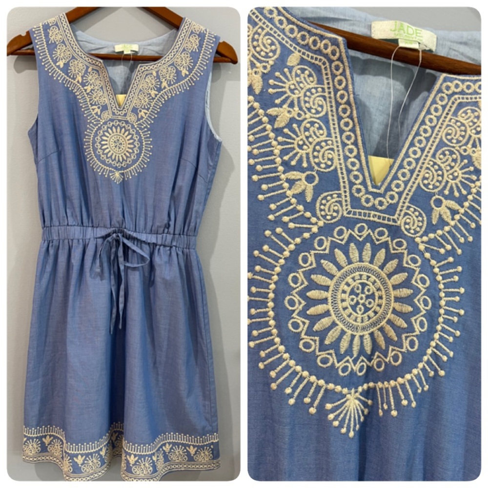 Jade Gorgeous Blue Embroidered Sleeveless Dress Boho Style Rayon Size XS